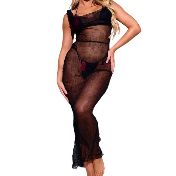 PrettyLittleThing Black Sheer Crush Cowl Neck Swim Cover Maxi Beach Dress 0 NWT - Picture 1 of 12